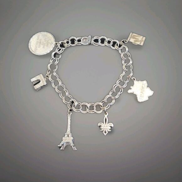 Vintage Sterling Silver Charm Bracelet 6 France Inspired Charms 23.4 Grams 7" - Picture 1 of 10